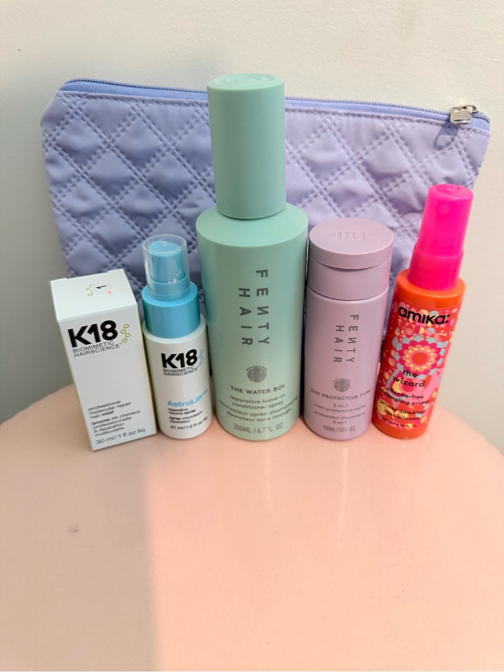 Fenty Hair Mint, k18, Amika bundle with Purple Quilted Pouch